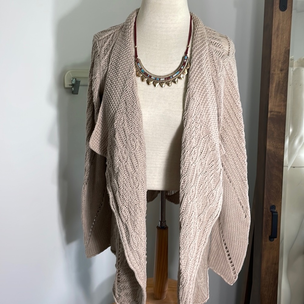 Chico’s cotton open weave beige chunky open front sweater jacket